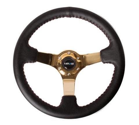 NRG Reinforced Steering Wheel (350mm / 3in. Deep) Blk Leather/Red BBall Stitch w/4mm Gold Spokes thumbnail 4