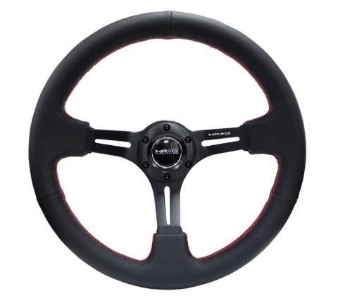 NRG Reinforced Steering Wheel (350mm / 3in. Deep) Black Leather/Red Stitch & Blk 3-Spoke w/Slits thumbnail 4