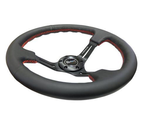 NRG Reinforced Steering Wheel (350mm / 3in. Deep) Black Leather/Red Stitch & Blk 3-Spoke w/Slits thumbnail 5