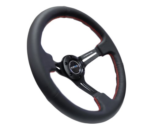 NRG Reinforced Steering Wheel (350mm / 3in. Deep) Black Leather/Red Stitch & Blk 3-Spoke w/Slits thumbnail 6