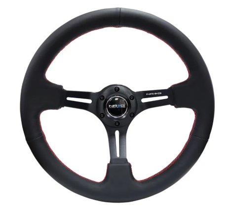 NRG Reinforced Steering Wheel (350mm / 3in. Deep) Black Leather/Red Stitch & Blk 3-Spoke w/Slits thumbnail 8