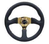 NRG Reinforced Steering Wheel (350mm / 2.5in. Deep) Leather Race Comfort Grip w/4mm Gold Spokes thumbnail 1