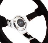 NRG Reinforced Steering Wheel (350mm / 3in. Deep) Blk Suede w/Red BBall Stitch & Chrome 3-Spoke thumbnail 1