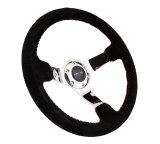 NRG Reinforced Steering Wheel (350mm / 3in. Deep) Blk Suede w/Red BBall Stitch & Chrome 3-Spoke thumbnail 2