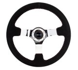 NRG Reinforced Steering Wheel (350mm / 3in. Deep) Blk Suede w/Red BBall Stitch & Chrome 3-Spoke thumbnail 3