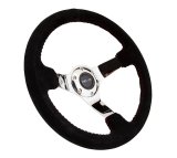NRG Reinforced Steering Wheel (350mm / 3in. Deep) Blk Suede w/Red BBall Stitch & Chrome 3-Spoke thumbnail 4