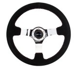 NRG Reinforced Steering Wheel (350mm / 3in. Deep) Blk Suede w/Red BBall Stitch & Chrome 3-Spoke thumbnail 5