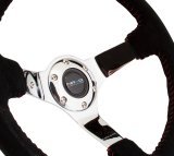 NRG Reinforced Steering Wheel (350mm / 3in. Deep) Blk Suede w/Red BBall Stitch & Chrome 3-Spoke thumbnail 6