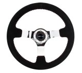 NRG Reinforced Steering Wheel (350mm / 3in. Deep) Blk Suede w/Red BBall Stitch & Chrome 3-Spoke thumbnail 7