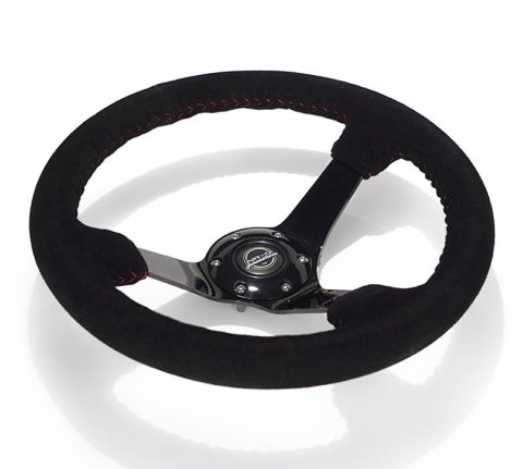 NRG Reinforced Steering Wheel (350mm / 3in. Deep) Blk Suede w/Red BBall Stitch & Black 3-Spoke thumbnail 2