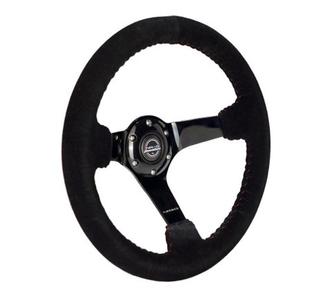 NRG Reinforced Steering Wheel (350mm / 3in. Deep) Blk Suede w/Red BBall Stitch & Black 3-Spoke thumbnail 3