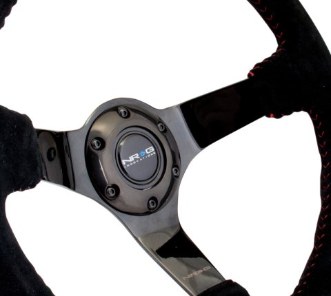 NRG Reinforced Steering Wheel (350mm / 3in. Deep) Blk Suede w/Red BBall Stitch & Black 3-Spoke thumbnail 5