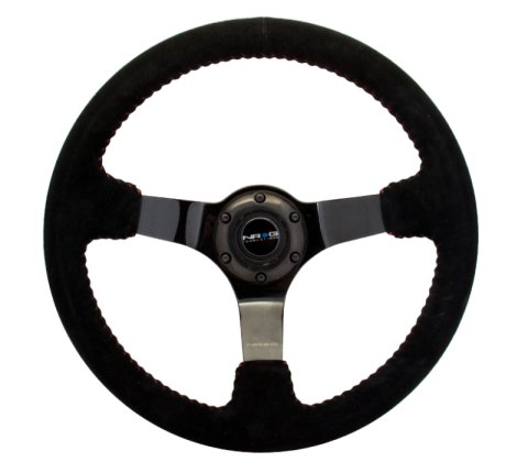 NRG Reinforced Steering Wheel (350mm / 3in. Deep) Blk Suede w/Red BBall Stitch & Black 3-Spoke thumbnail 6