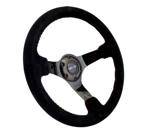NRG Reinforced Steering Wheel (350mm / 3in. Deep) Blk Suede w/Red BBall Stitch & Black 3-Spoke thumbnail 7