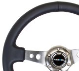 NRG Reinforced Steering Wheel (350mm / 3in. Deep) Blk Leather w/Gunmetal Circle Cutout Spokes thumbnail 1
