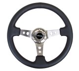 NRG Reinforced Steering Wheel (350mm / 3in. Deep) Blk Leather w/Gunmetal Circle Cutout Spokes thumbnail 2