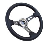 NRG Reinforced Steering Wheel (350mm / 3in. Deep) Blk Leather w/Gunmetal Circle Cutout Spokes thumbnail 3