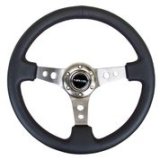 NRG Reinforced Steering Wheel (350mm / 3in. Deep) Blk Leather w/Gunmetal Circle Cutout Spokes thumbnail 5