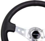 NRG Reinforced Steering Wheel (350mm / 3in. Deep) Blk Leather w/Silver Spoke & Circle Cutouts thumbnail 1