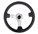 NRG Reinforced Steering Wheel (350mm / 3in. Deep) Blk Leather w/Silver Spoke & Circle Cutouts thumbnail 2