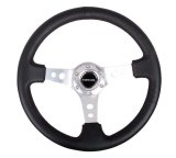 NRG Reinforced Steering Wheel (350mm / 3in. Deep) Blk Leather w/Silver Spoke & Circle Cutouts thumbnail 3