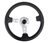 NRG Reinforced Steering Wheel (350mm / 3in. Deep) Blk Leather w/Silver Spoke & Circle Cutouts thumbnail 4
