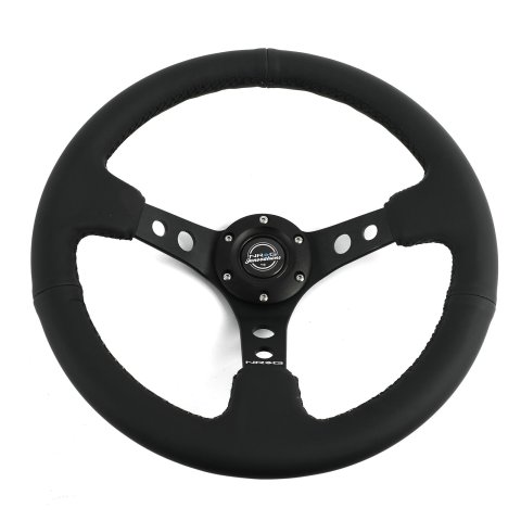 NRG Reinforced Steering Wheel (350mm / 3in. Deep) Blk Leather w/Blk Spoke & Circle Cutouts thumbnail 2