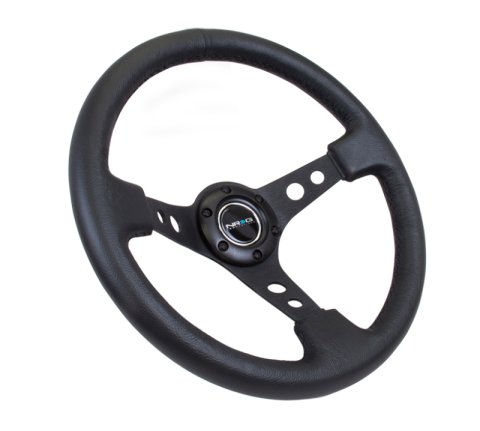 NRG Reinforced Steering Wheel (350mm / 3in. Deep) Blk Leather w/Blk Spoke & Circle Cutouts thumbnail 3