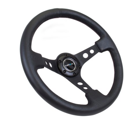 NRG Reinforced Steering Wheel (350mm / 3in. Deep) Blk Leather w/Blk Spoke & Circle Cutouts thumbnail 5