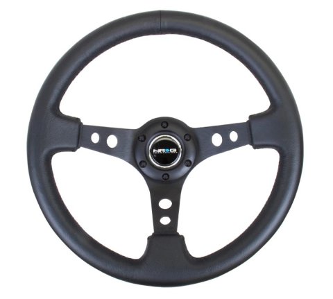 NRG Reinforced Steering Wheel (350mm / 3in. Deep) Blk Leather w/Blk Spoke & Circle Cutouts thumbnail 7