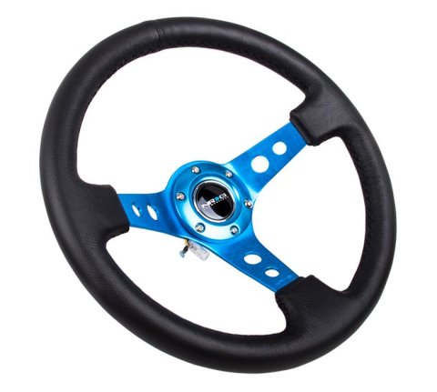 NRG Reinforced Steering Wheel (350mm / 3in. Deep) Blk Leather w/Blue Circle Cutout Spokes thumbnail 1
