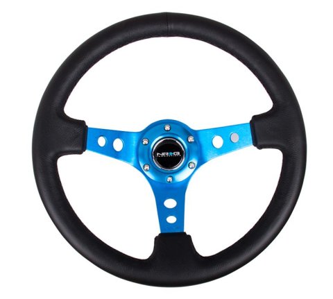 NRG Reinforced Steering Wheel (350mm / 3in. Deep) Blk Leather w/Blue Circle Cutout Spokes thumbnail 3