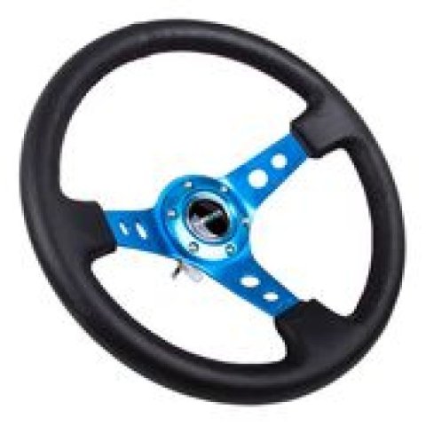 NRG Reinforced Steering Wheel (350mm / 3in. Deep) Blk Leather w/Blue Circle Cutout Spokes thumbnail 4