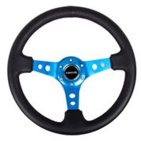 NRG Reinforced Steering Wheel (350mm / 3in. Deep) Blk Leather w/Blue Circle Cutout Spokes thumbnail 5
