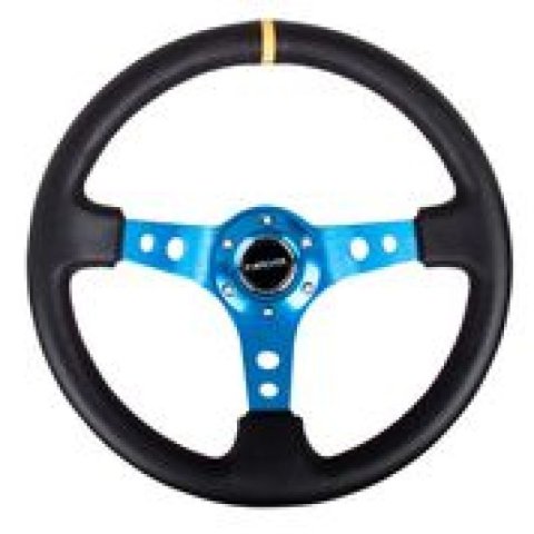 NRG Reinforced Steering Wheel (350mm / 3in. Deep) Blk Leather w/Blue Circle Cutout Spokes thumbnail 6