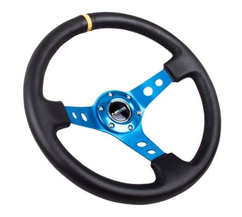 NRG Reinforced Steering Wheel (350mm / 3in. Deep) Blk Leather w/Blue Circle Cutout Spokes thumbnail 7