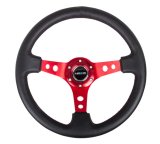 NRG Reinforced Steering Wheel (350mm / 3in. Deep) Blk Leather w/Red Circle Cutout Spokes thumbnail 1