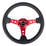 NRG Reinforced Steering Wheel (350mm / 3in. Deep) Blk Leather w/Red Circle Cutout Spokes thumbnail 2