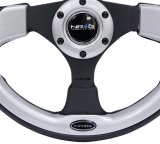NRG Reinforced Steering Wheel (320mm) Blk w/Silver Trim & 5mm 3-Spoke thumbnail 1