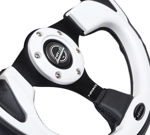NRG Reinforced Steering Wheel (320mm) Blk w/White Trim & 4mm 3-Spoke thumbnail 1