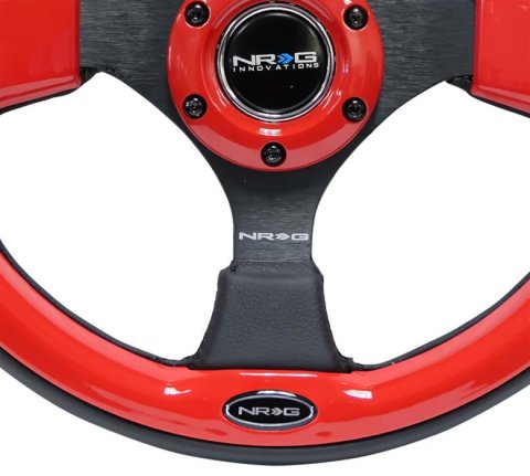 NRG Reinforced Steering Wheel (320mm) Blk w/Red Trim & 5mm 3-Spoke thumbnail 1