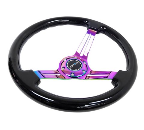NRG Reinforced Steering Wheel (350mm / 3in. Deep) Blk Wood w/Blk Matte Spoke/Neochrome Center Mark thumbnail 2