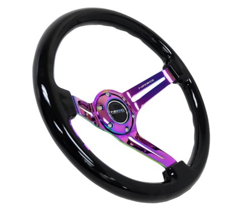 NRG Reinforced Steering Wheel (350mm / 3in. Deep) Blk Wood w/Blk Matte Spoke/Neochrome Center Mark thumbnail 4