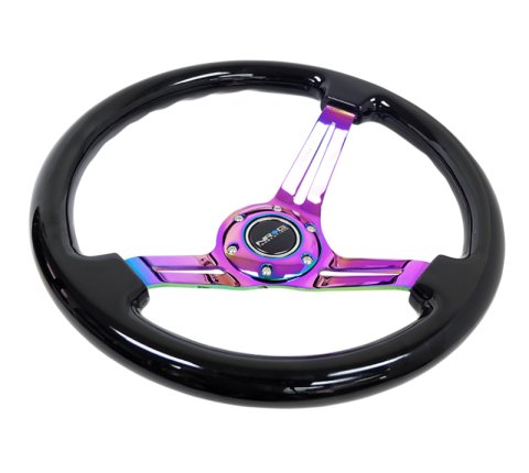 NRG Reinforced Steering Wheel (350mm / 3in. Deep) Blk Wood w/Blk Matte Spoke/Neochrome Center Mark thumbnail 6