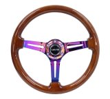 NRG Reinforced Steering Wheel (350mm / 3in. Deep) Brown Wood w/Blk Matte Spoke/Neochrome Center Mark thumbnail 1