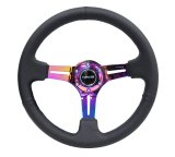 NRG Reinforced Steering Wheel (350mm / 3in. Deep) Blk Leather/Blk Stitch w/Neochrome Slits thumbnail 1