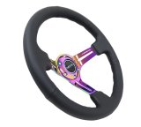 NRG Reinforced Steering Wheel (350mm / 3in. Deep) Blk Leather/Blk Stitch w/Neochrome Slits thumbnail 2