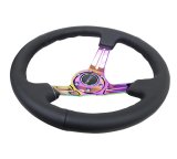 NRG Reinforced Steering Wheel (350mm / 3in. Deep) Blk Leather/Blk Stitch w/Neochrome Slits thumbnail 3