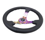 NRG Reinforced Steering Wheel (350mm / 3in. Deep) Blk Leather/Blk Stitch w/Neochrome Slits thumbnail 5