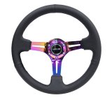NRG Reinforced Steering Wheel (350mm / 3in. Deep) Blk Leather/Blk Stitch w/Neochrome Slits thumbnail 6